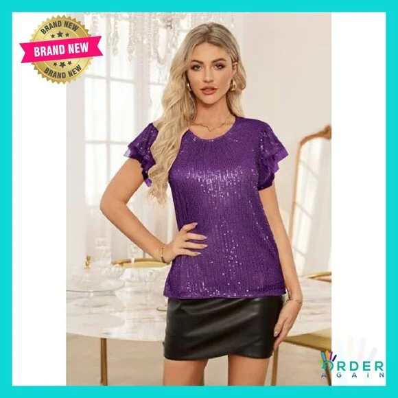 Sparkly Sequin Blouse Elegant Party Top Ruffle Sleeve Glitter Chic Y2K